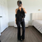 Damen Fließendes Chiffon-Oberteil mit elegantem V-Ausschnitt und Raffungen R&B