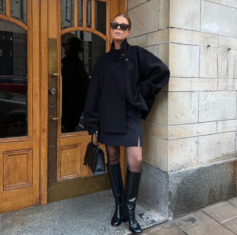 Damen modische Kurzjacke mit hohem Kragen und Knopfverschluss R&B
