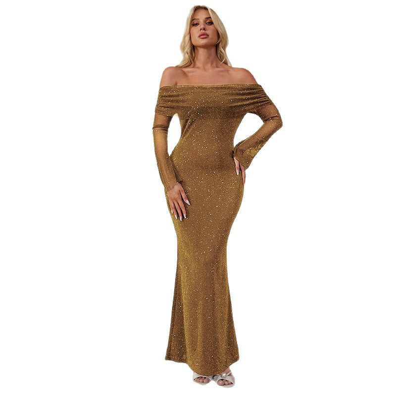 Damen Elegantes schulterfreies Maxikleid mit glitzernden Akzenten R&B