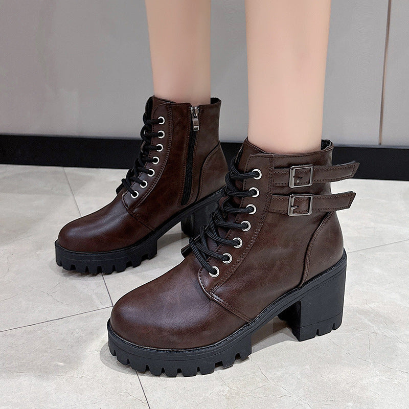 Damen Schnürstiefeletten mit modischen Schnallen und robustem Blockabsatz R&B