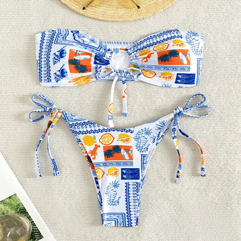 Damen Bandeau-Bikini mit verspieltem Muster und anpassbarem Bindesystem R&B