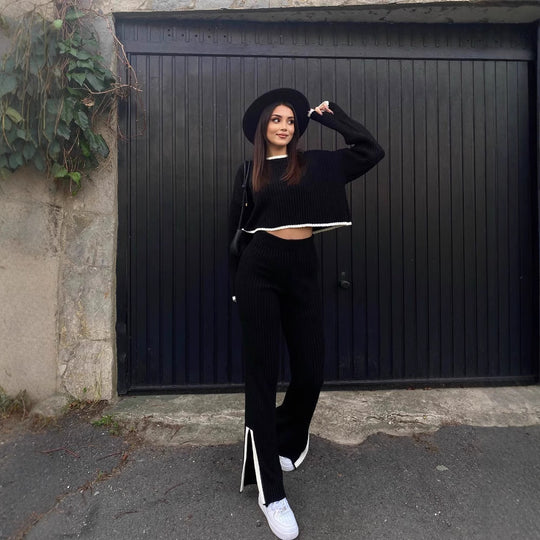 Damen Legere Strick-Set mit hohem Bund und schickem Schlitz R&B