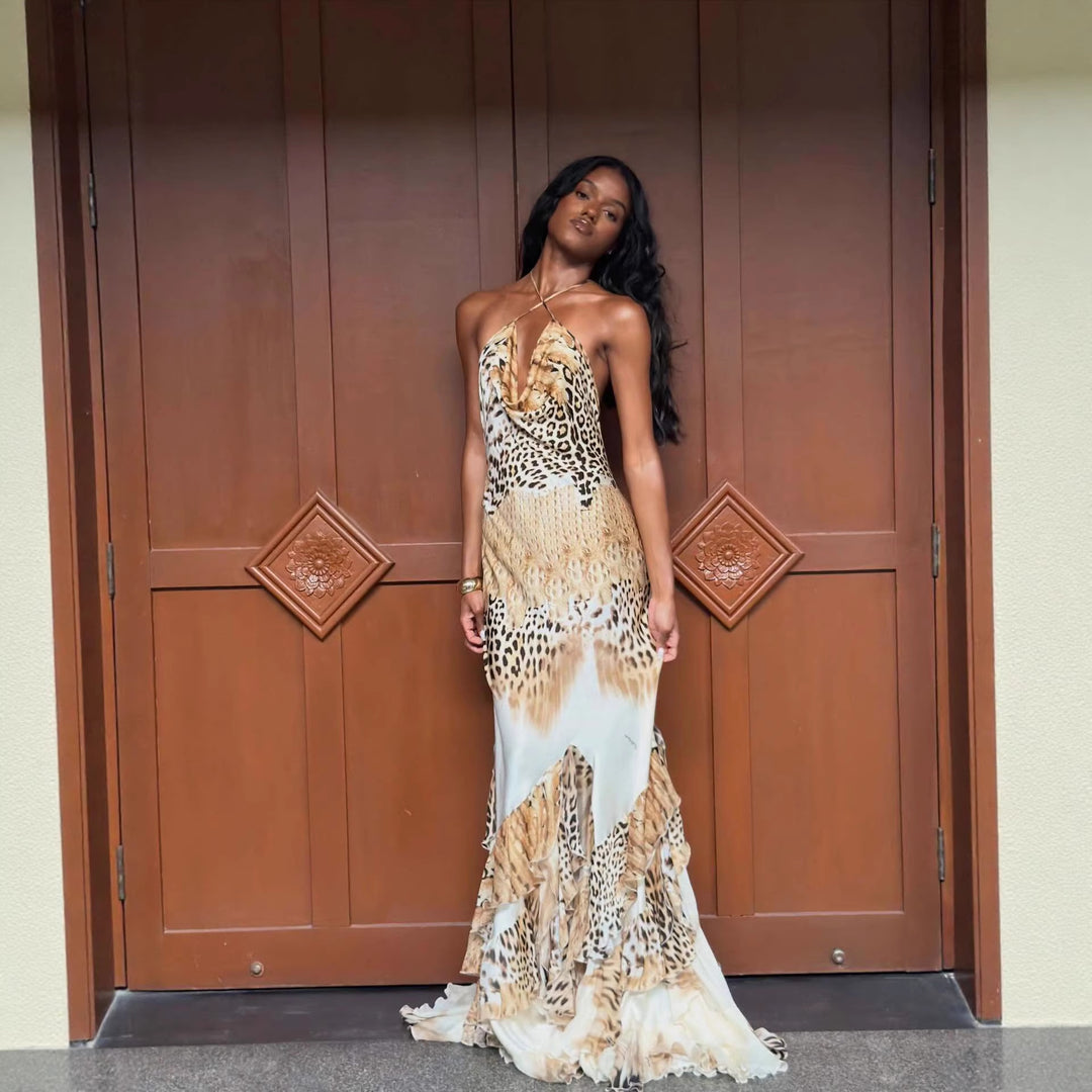 Damen Maxikleid mit tiefem V-Ausschnitt, Rüschensaum und tierischem Muster R&B