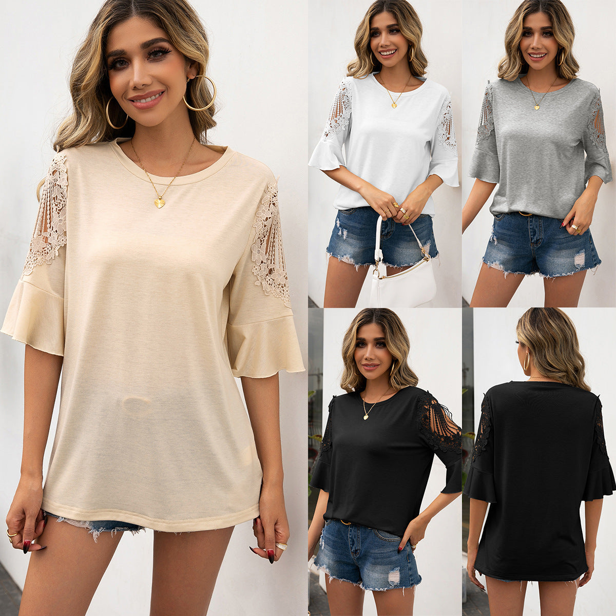 Damen Shirt mit Spitzenärmeln und fließender Passform