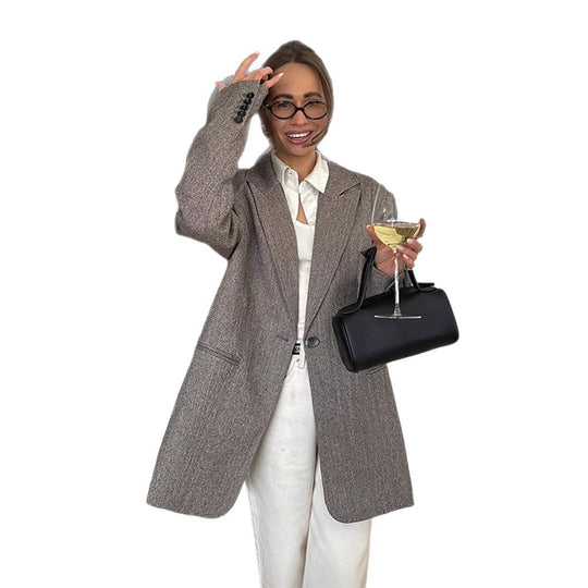 Damen Oversized Blazerjacke mit edlem Karomuster und praktischen Taschen R&B