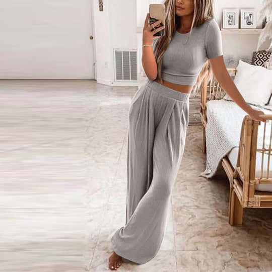 Damen Set aus kurzer Strickoberteile und weiten Hosen R&B