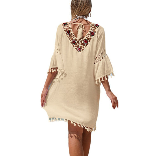 Damen Häkel-Strandkleid mit eleganter Stickerei und Fransen R&B