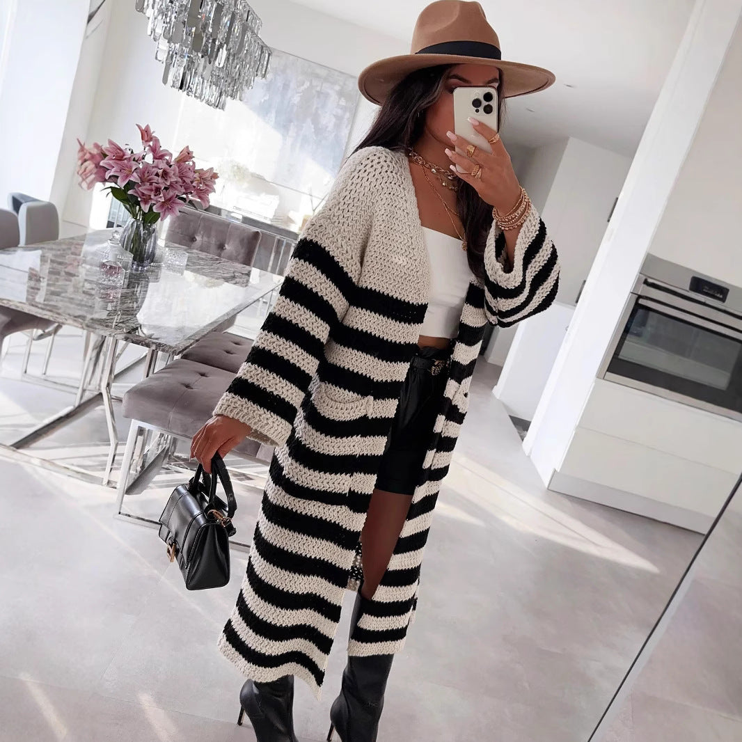 Damen Grobstrickjacke mit gestreiftem Design und lässigem Schnitt R&B
