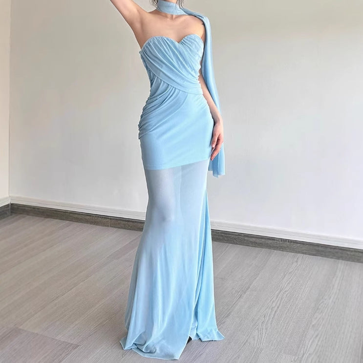Damen Elegant geschnittenes Maxikleid mit asymmetrischem Ausschnitt und figurformendem Design R&B