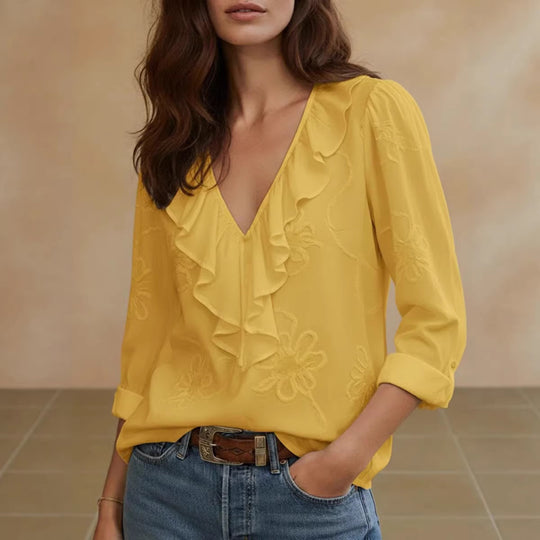 Damen elegante Bluse mit Volant und floralem Stickmuster R&B