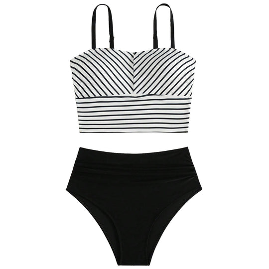 Damen Hochgeschnittener Bikini mit gestreiften Crop-Oberteil R&B