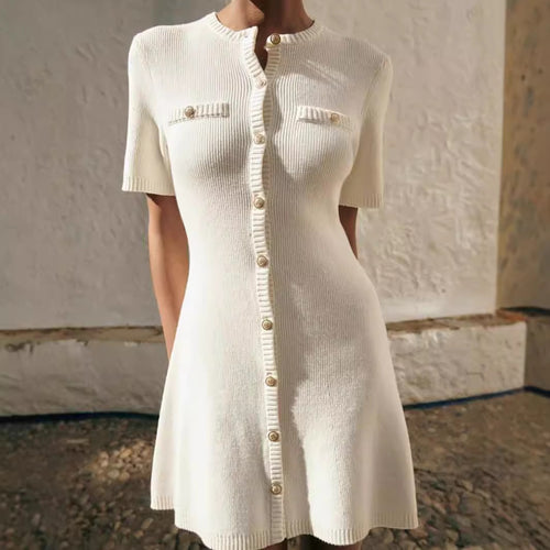 Damen Strickkleid mit Knopfleiste und dekorativen Taschen R&B