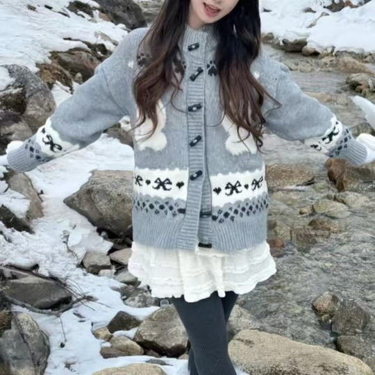 Damen Gemusterte Strickjacke mit tierischem Motiv und Knopfdetails R&B