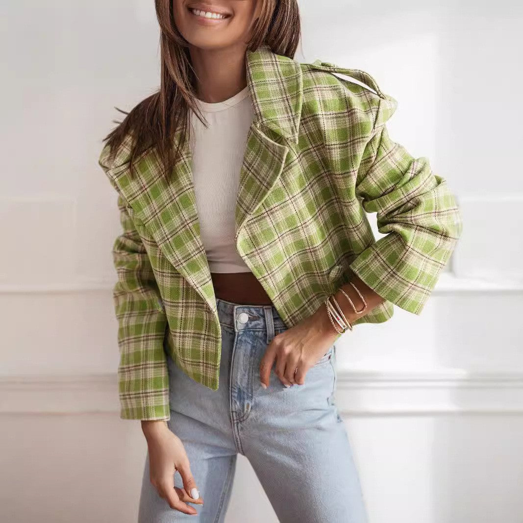 Damen Karierte Cropped Jacke R&B