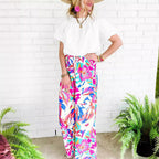 Damen Weit geschnittene Freizeithose mit buntem Blumenmuster und elastischem Bund R&B