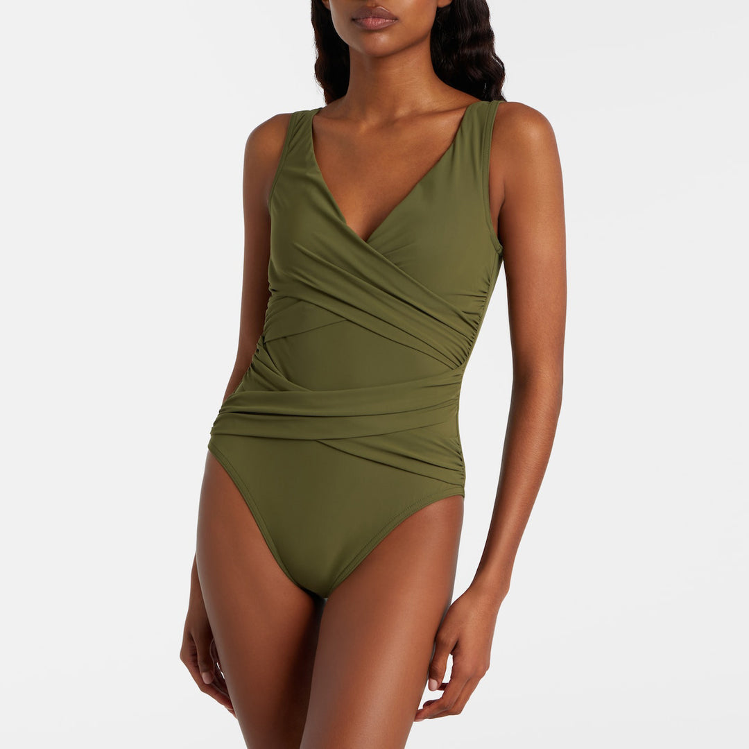 Damen Einteiler Badeanzug mit modischem Wickeldesign und elastischen Rüschendetails R&B