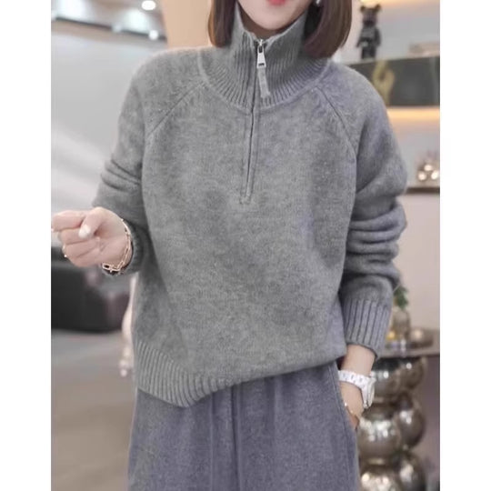 Damen Strickpullover mit hohem Kragen und praktischem Reißverschluss R&B