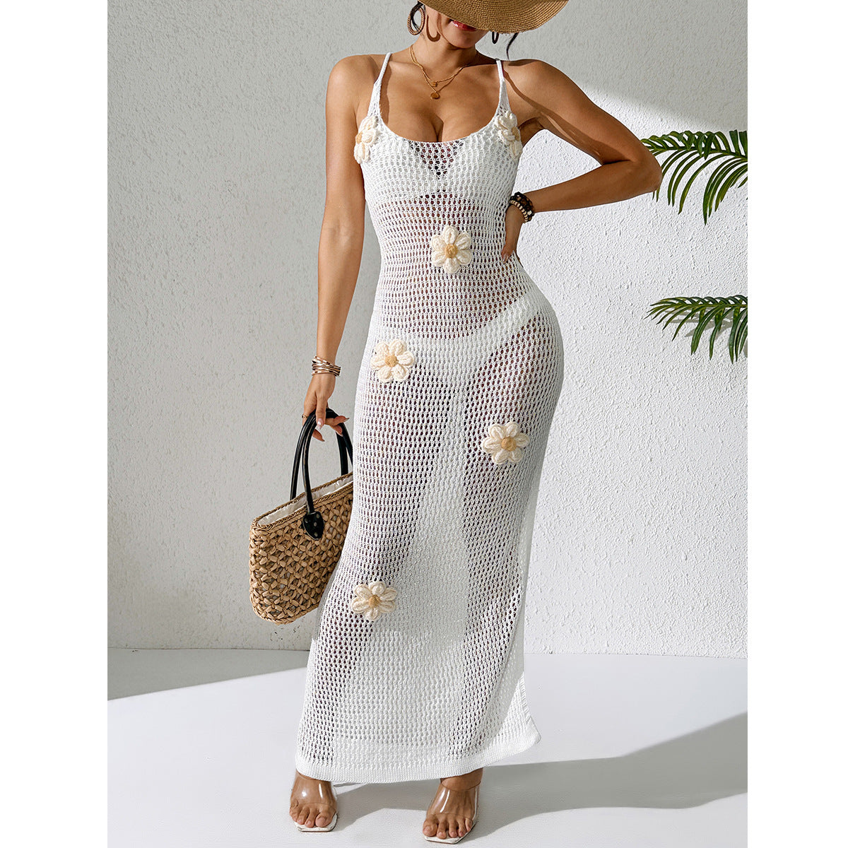 Damen Häkel-Strandkleid mit floralen Akzenten und schmalem Schnitt EB