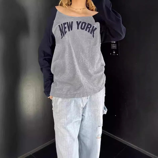 Damen Lässiges Sweatshirt mit modischem Schriftzug und kontrastierenden Ärmeln R&B