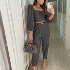 Damen Crop-Top und High-Waist Hose Set mit Puffärmeln R&B