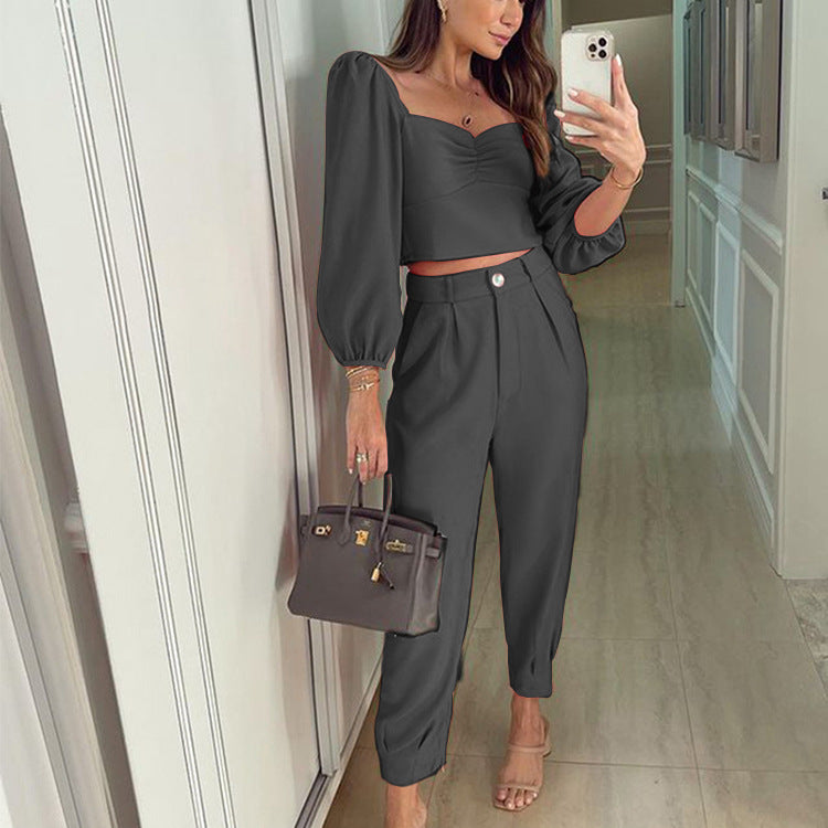 Damen Crop-Top und High-Waist Hose Set mit Puffärmeln R&B