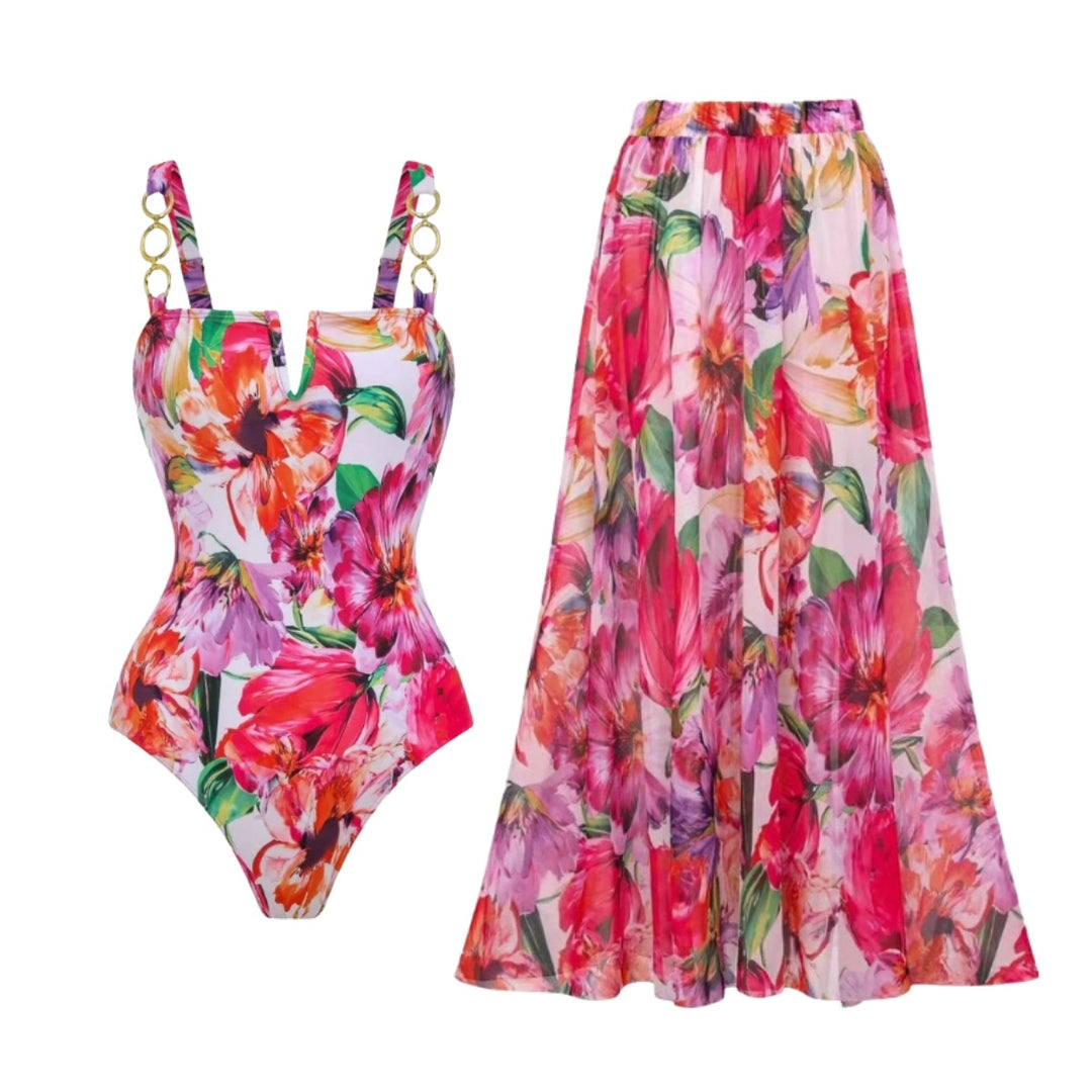 Damen eleganter Badeanzug mit floralem Wickelrock R&B
