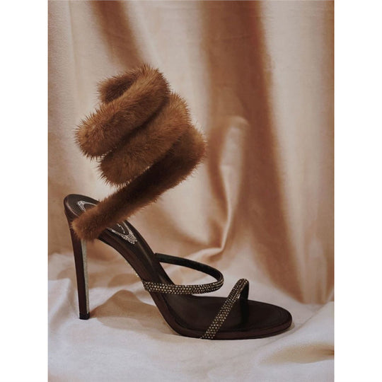 Damen High Heel Sandalen mit glamourösen Riemen und weichem Fellbesatz R&B