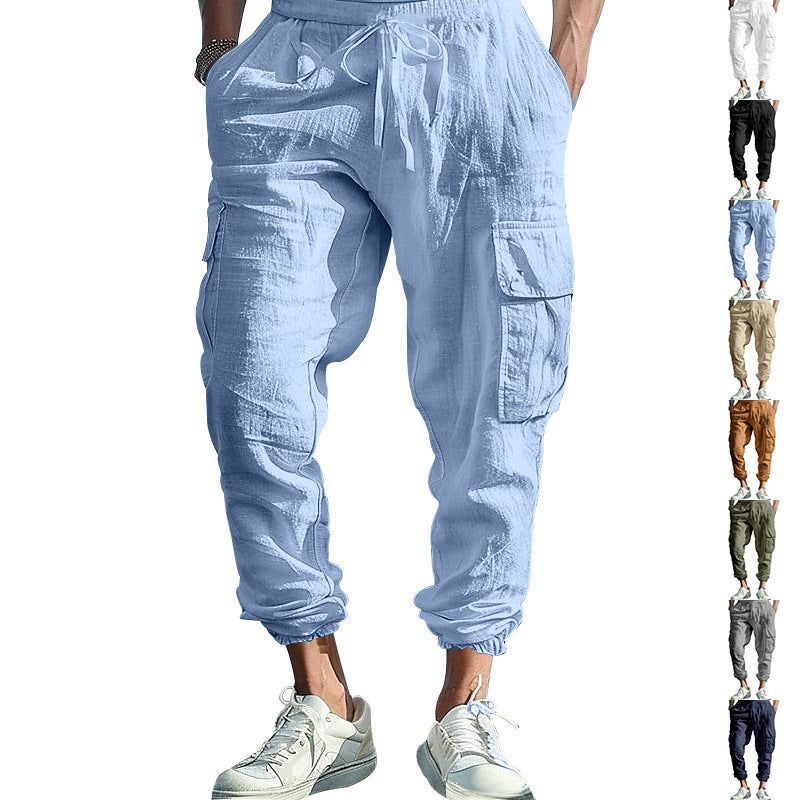 Herren nan lässige Leinen-Cargo-Jogger mit Kordelbund, großen Klapptaschen und elastischem Knöchelabschluss R&B