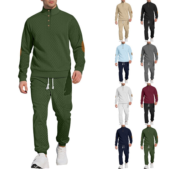 Herren nan strukturiertes Strick-Freizeitset mit Halbknopf-Stehkragen Wildleder-Ellbogenpatches und Kordelbund-Jogger R&B
