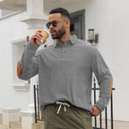 Herren nan legeres Langarm-Poloshirt mit Hemdkragen, kurzer Knopfleiste, feiner Struktur und Velours-Ellenbogenbesatz R&B