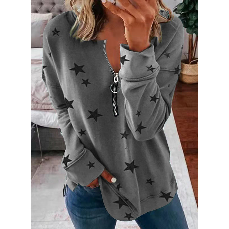 Damen Lässiger Sweatshirt mit Reißverschluss und Sternenmotiv R&B