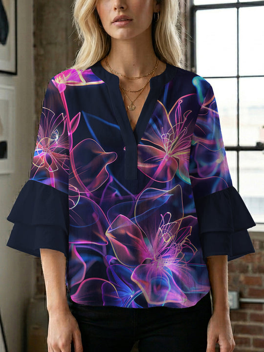 Damen Bluse mit voluminösen Rüschenärmeln und floralem Muster R&B