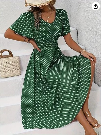 Damen Elegantes Maxikleid mit V-Ausschnitt und Ballonärmeln R&B