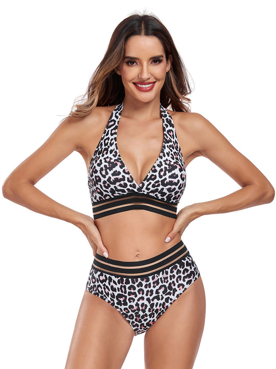 Damen Hochtailliertes Bikini-Set mit sportlichem Crop-Top und grafischem Muster R&B