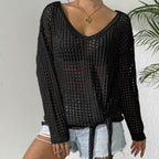 Damen luftiger Strickpullover mit V-Ausschnitt und dekorativem Knoten R&B
