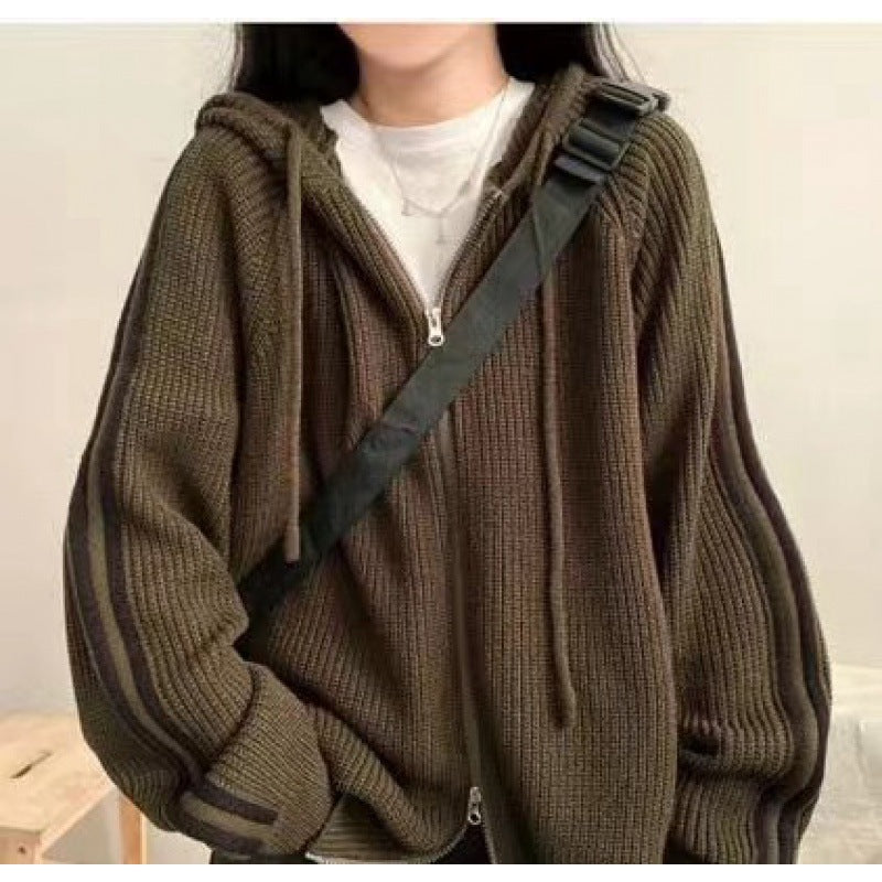 Damen gemütliche gerippte Strick-Hoodie-Jacke R&B
