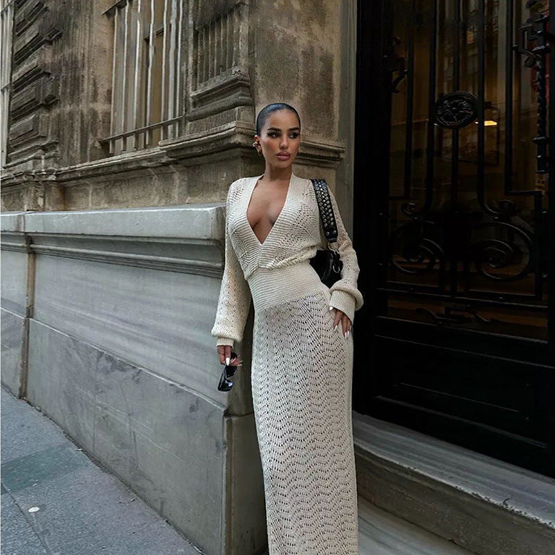 Damen elegantes gehäkeltes Maxikleid mit tiefem V-Ausschnitt R&B