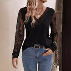 Damen Langarmshirt mit eleganter Spitze und V-Ausschnitt R&B