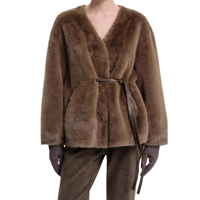 Damen kuschelige Steppjacke mit taillierbarem Design und elegantem Gürtel R&B