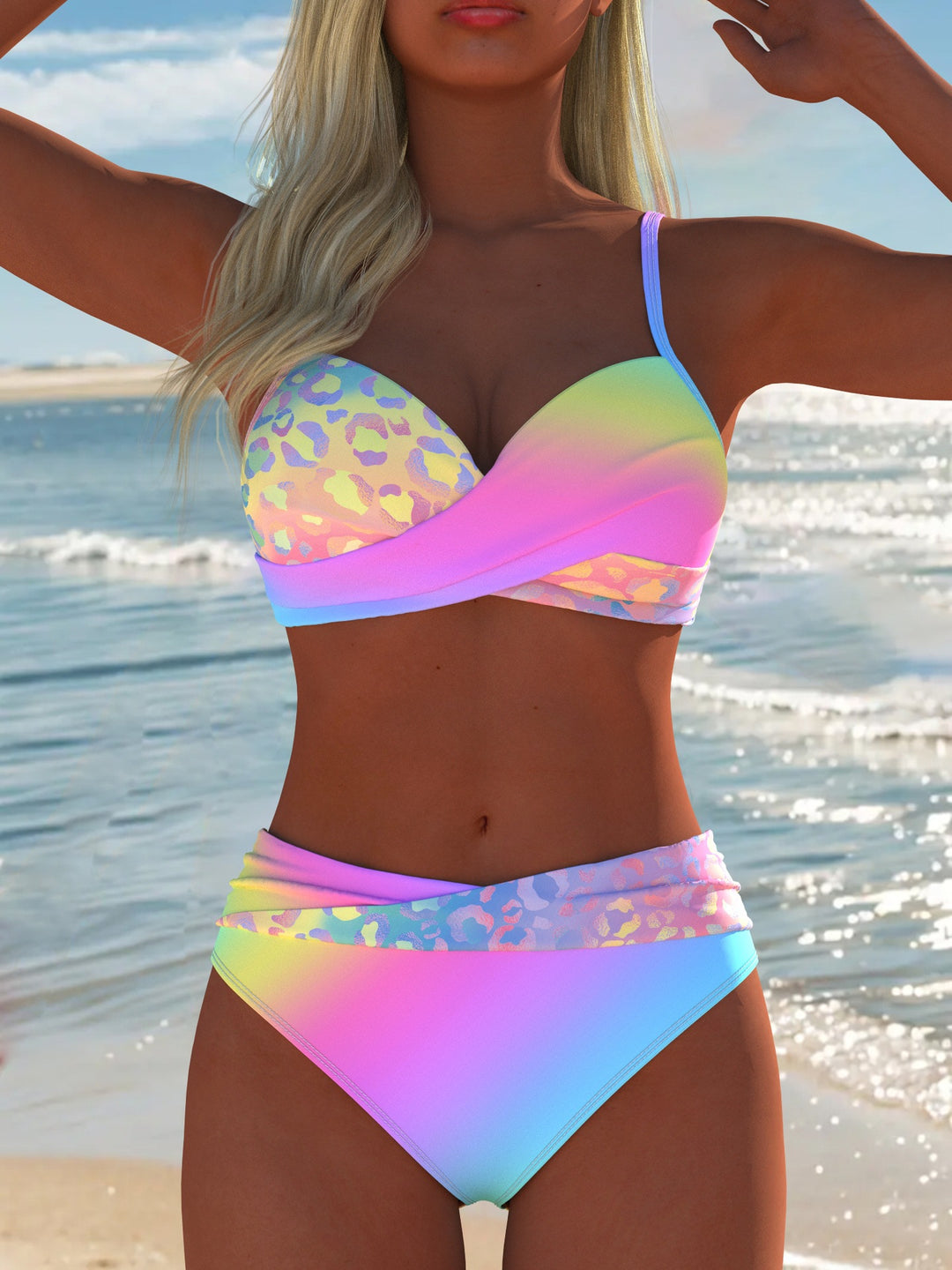 Damen Bikini-Set mit gepolstertem Oberteil und hochgeschlossenem Bund R&B