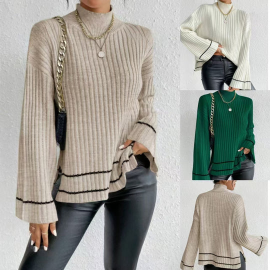 Damen eleganter Strickpullover mit hohem Kragen und weitem Ärmelabschluss R&B
