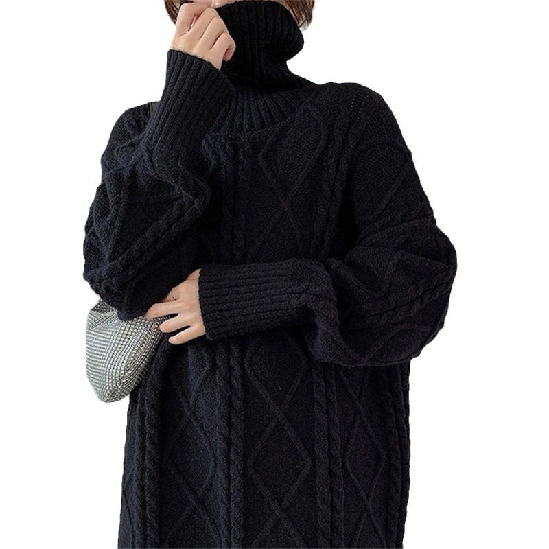Damen Langer Strickpullover mit dickem Zopfmuster und Stehkragen R&B