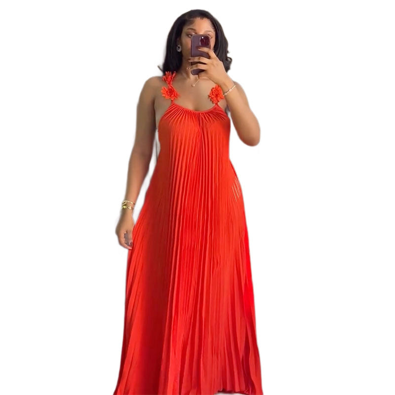 Damen Elegantes Maxikleid mit lässigem Faltenwurf und dekorativen Schulterblüten R&B