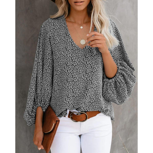 Damen Bluse mit weitem Puffärmel und eleganter V-Ausschnitt R&B