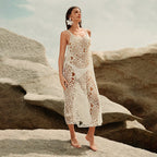 Damen elegantes transparentes Strandkleid mit floralen Häkelverzierungen R&B