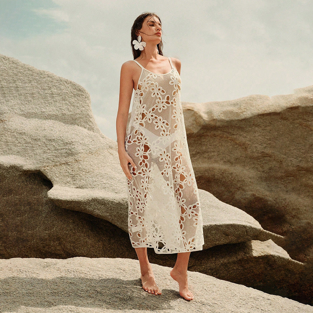 Damen elegantes transparentes Strandkleid mit floralen Häkelverzierungen R&B