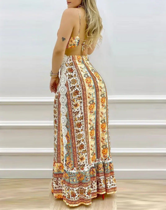 Damen Zweiteiliges Boho-Outfit mit floralen Mustern und Rüschen R&B