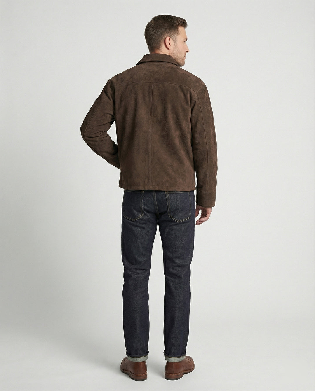 Herren kastige Velourslederjacke mit hohem Kragen Hakenverschluss und Ärmeltasche R&B