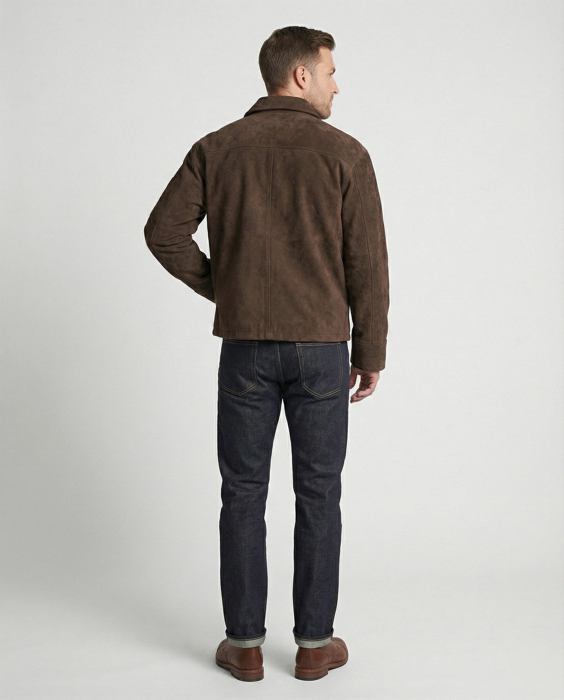 Herren kastige Velourslederjacke mit hohem Kragen Hakenverschluss und Ärmeltasche R&B