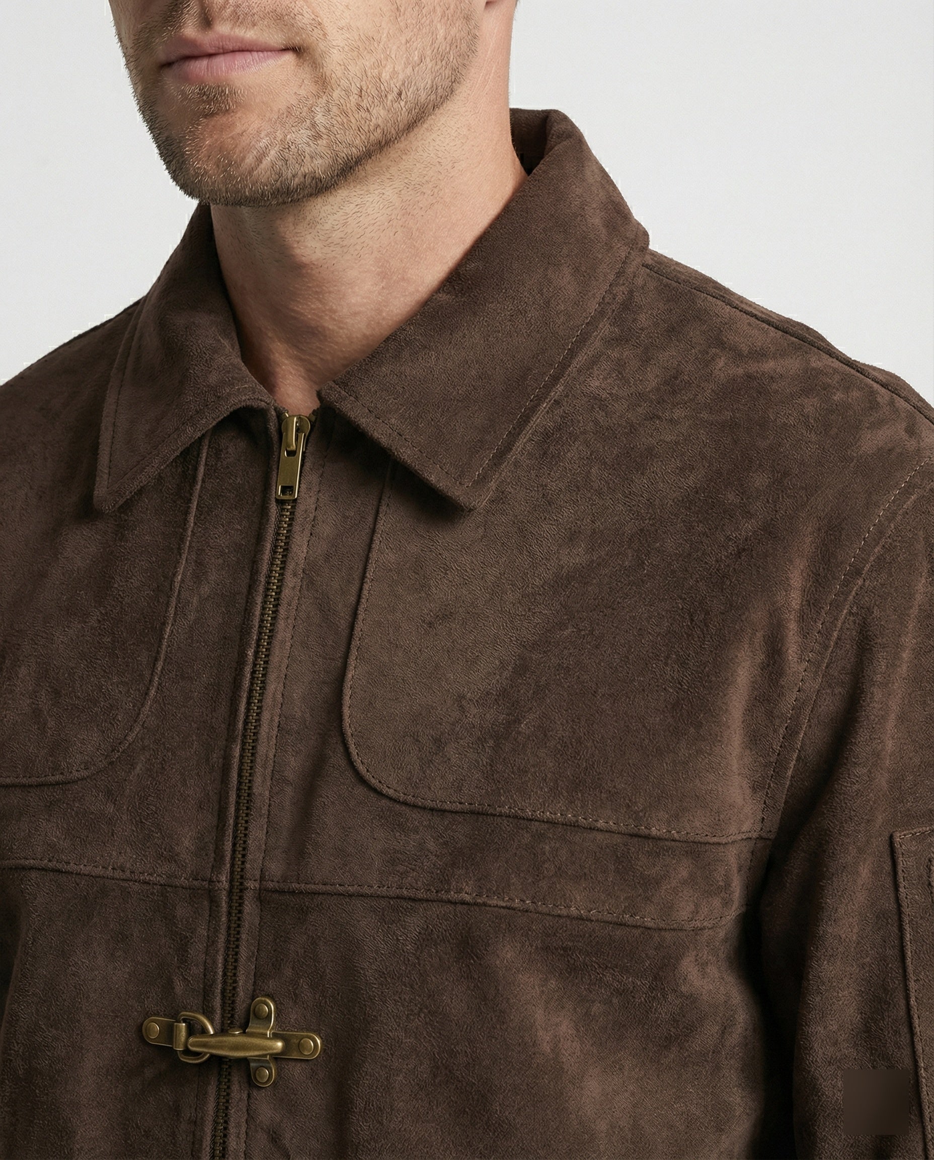 Herren kastige Velourslederjacke mit hohem Kragen Hakenverschluss und Ärmeltasche R&B